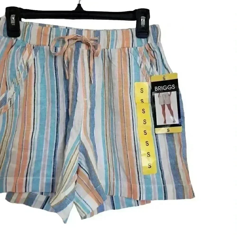 Briggs Women's White/Aqua/Orange Linen/Rayon Drawstring Cuffed Shorts w Pockets